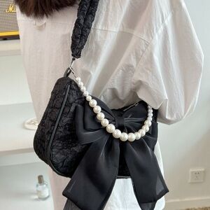 NEW Black Bow Pearl Handbag Underarm Ruched Purse Shoulder Bag